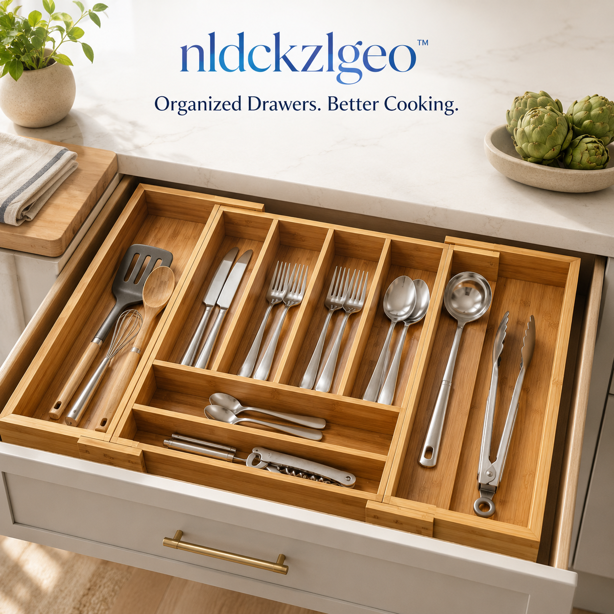 nldckzlgeo™ Bamboo Drawer Organizer, Expandable Kitchen Utensil & Cutlery Storage Tray